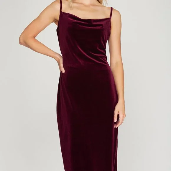 She + Sky Dresses | Nwt She and Sky Wine Velvet Camisole Dress with Cowl Neck and Side Slit | Color: Red | Size: M | Dejanujj's Closet